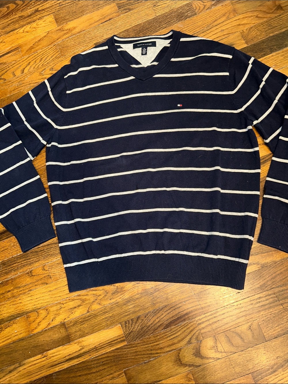 Tommy Hilfiger Navy V-Neck Sweater with White Stripes